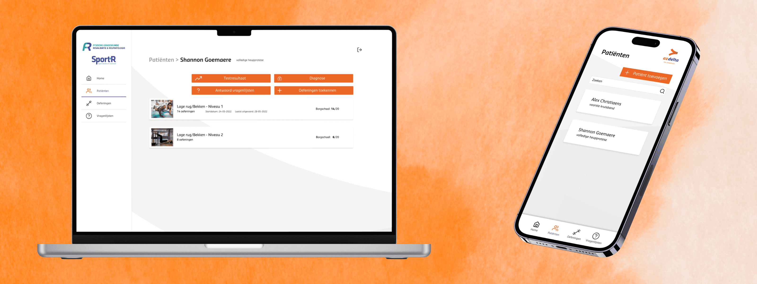 AZ Delta dashboard for certain patient with 2 exercises on desktop and patient overview on mobile