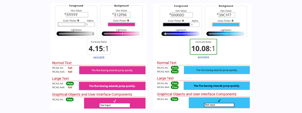 Contrast checker: links wit op roze, test slaagt niet volledig, rechts zwart op lichtbaluw, test slaagt volledig