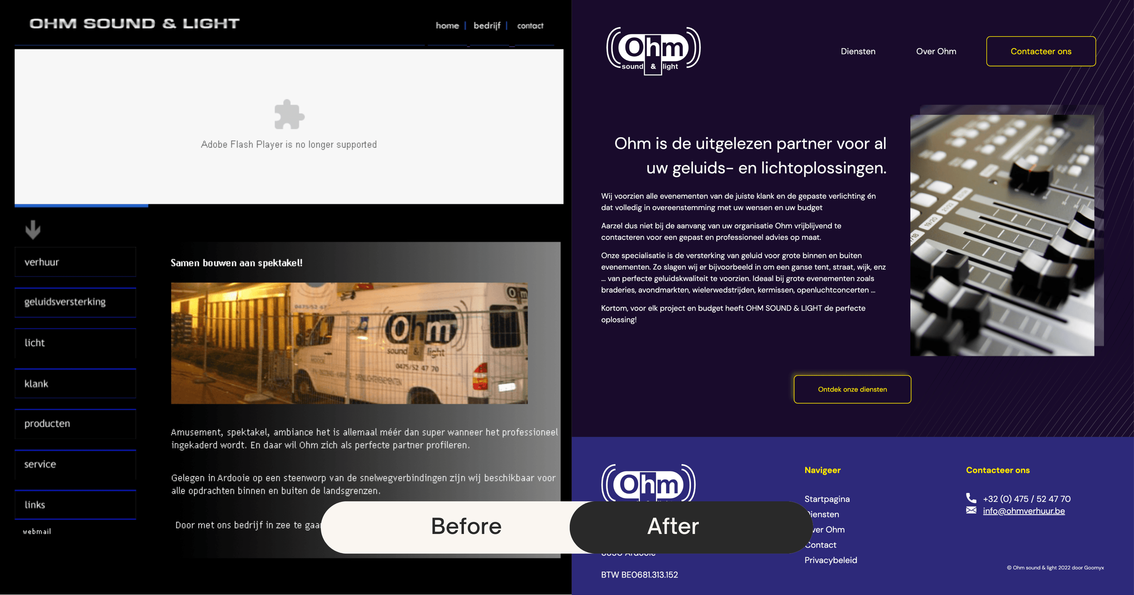 On the left the old Ohm Sound & Light website (which used Flask Player), on the right the new one
